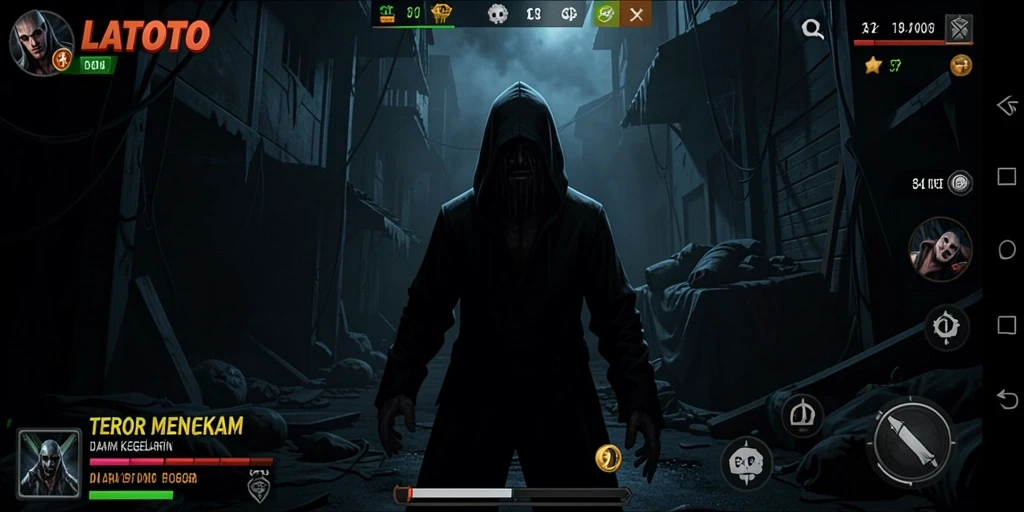 Gameplay LATOTO menunjukkan karakter yang menjelajahi tempat angker dengan ketegangan.
