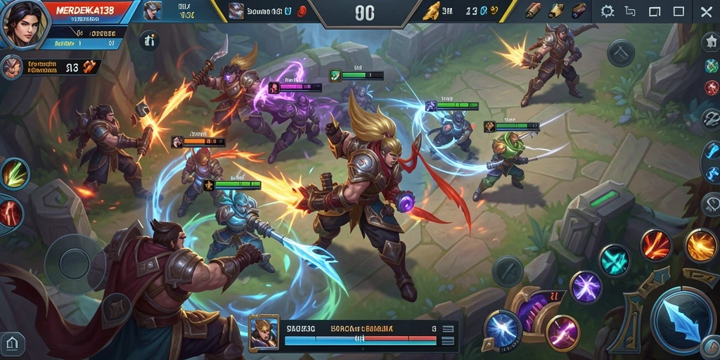 Screenshot gameplay MERDEKA138 yang menampilkan pertarungan seru MOBA.