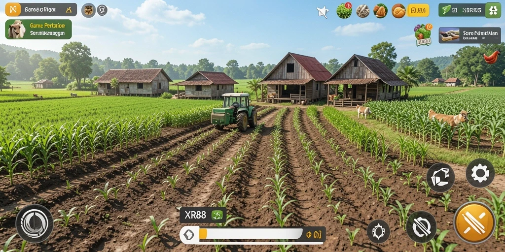 Tampilan gameplay XR88 yang seru dengan pertanian yang kaya akan aktivitas.
